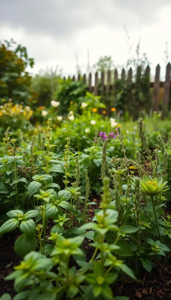 A vibrant early spring garden, filled with thriving herbs and lush foliage. In the foreground, rows of young basil, thyme, and rosemary plants sway gently in a light breeze. The middle ground showcases a variety of leafy greens and delicate flowers, creating a colorful tapestry. In the background, the scene is framed by a picturesque wooden fence, with a warm, overcast sky adding a soft, natural glow. The overall composition conveys a sense of tranquility and the promise of a bountiful harvest to come. Captured with a wide-angle lens, the image offers a welcoming and inviting perspective on the joys of cool-weather planting. A vibrant early spring garden, filled with thriving herbs and lush foliage. In the foreground, rows of young basil, thyme, and rosemary plants sway gently in a light breeze. The middle ground showcases a variety of leafy greens and delicate flowers, creating a colorful tapestry. In the background, the scene is framed by a picturesque wooden fence, with a warm, overcast sky adding a soft, natural glow. The overall composition conveys a sense of tranquility and the promise of a bountiful harvest to come. Captured with a wide-angle lens, the image offers a welcoming and inviting perspective on the joys of cool-weather planting.