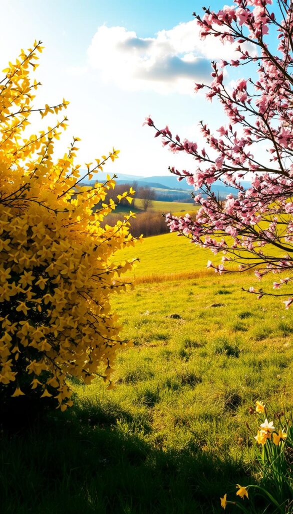 A vibrant early spring scene, bathed in warm, golden light. In the foreground, a lush, blooming forsythia bush, its bright yellow flowers cascading gracefully. Nearby, a flowering quince shrub bursts with delicate pink blossoms, their petals softly backlit. The middle ground features a rolling grassy meadow, with daffodils and other spring bulbs peeking through. In the distance, a hazy, impressionistic landscape of rolling hills and a clear blue sky, dotted with fluffy white clouds. The overall atmosphere is one of joy, renewal, and the promise of the season to come. A vibrant early spring scene, bathed in warm, golden light. In the foreground, a lush, blooming forsythia bush, its bright yellow flowers cascading gracefully. Nearby, a flowering quince shrub bursts with delicate pink blossoms, their petals softly backlit. The middle ground features a rolling grassy meadow, with daffodils and other spring bulbs peeking through. In the distance, a hazy, impressionistic landscape of rolling hills and a clear blue sky, dotted with fluffy white clouds. The overall atmosphere is one of joy, renewal, and the promise of the season to come.