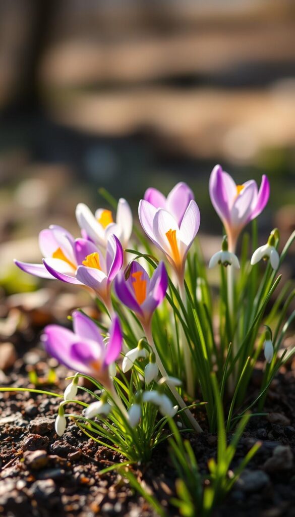 A vibrant, early spring scene showcasing a cluster of delicate crocus blooms emerging from the moist, fertile soil. The soft, warm sunlight filters through the petals, casting a gentle glow and highlighting the vivid purple, yellow, and white hues. The blossoms sway gently in a light breeze, their slender stems and narrow green leaves providing a sense of graceful movement. In the middle ground, a scattering of snowdrops adds a complementary touch of pristine white, creating a harmonious contrast. The background blurs into a hazy, out-of-focus landscape, allowing the viewer to focus on the captivating floral display in the foreground. A vibrant, early spring scene showcasing a cluster of delicate crocus blooms emerging from the moist, fertile soil. The soft, warm sunlight filters through the petals, casting a gentle glow and highlighting the vivid purple, yellow, and white hues. The blossoms sway gently in a light breeze, their slender stems and narrow green leaves providing a sense of graceful movement. In the middle ground, a scattering of snowdrops adds a complementary touch of pristine white, creating a harmonious contrast. The background blurs into a hazy, out-of-focus landscape, allowing the viewer to focus on the captivating floral display in the foreground.