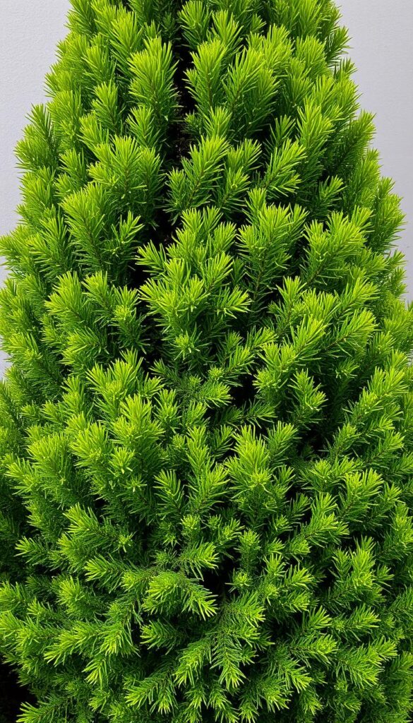 A vibrant evergreen shrub stands tall, its lush foliage shimmering in the soft, diffused light. Densely packed needles in a rich, verdant hue cover the gently swaying branches, creating an inviting, textural display. The shrub is framed by a neutral, slightly blurred background, allowing the plant's natural beauty to take center stage. The lighting is soft and even, highlighting the shrub's dimensional form and casting subtle shadows that add depth and dimension. The scene conveys a sense of tranquility and resilience, perfectly capturing the essence of an evergreen plant that endures through the chilly winter months.