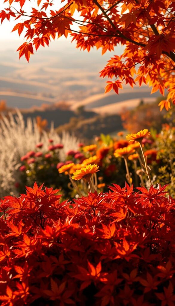 A vibrant fall color palette, with a lush, textured foreground of autumnal foliage in hues of red, orange, and gold. The middle ground features a harmonious arrangement of late-season blooms, their petals burnished by the golden, afternoon sun. In the distant background, a softly blurred landscape of rolling hills, painted in the warm tones of the changing season. The lighting is natural and diffused, creating a sense of tranquility and a cozy, inviting atmosphere. Captured with a wide-angle lens to showcase the full depth and grandeur of the fall garden design. A vibrant fall color palette, with a lush, textured foreground of autumnal foliage in hues of red, orange, and gold. The middle ground features a harmonious arrangement of late-season blooms, their petals burnished by the golden, afternoon sun. In the distant background, a softly blurred landscape of rolling hills, painted in the warm tones of the changing season. The lighting is natural and diffused, creating a sense of tranquility and a cozy, inviting atmosphere. Captured with a wide-angle lens to showcase the full depth and grandeur of the fall garden design.