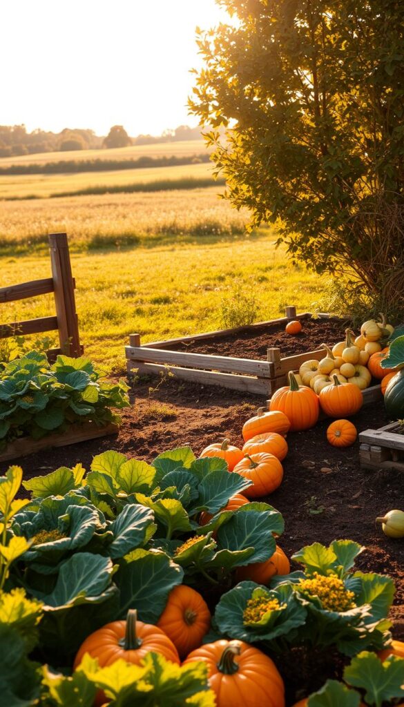 A vibrant fall garden, bathed in warm golden light, nestled among lush vegetation. In the foreground, a bountiful display of seasonal vegetables - plump pumpkins, leafy kale, and hearty root crops. The middle ground reveals neatly tended garden beds, their soil rich and dark, framed by weathered wooden fencing. In the background, a tranquil meadow stretches out, dotted with wildflowers and accented by the bold hues of changing foliage. The scene exudes a sense of abundance, balance, and the harmonious transition into the cooler months. Captured with a shallow depth of field, the image invites the viewer to step into this cozy, autumnal oasis.