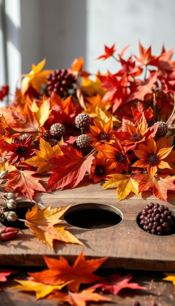 A vibrant fall palette of natural hues, captured in an autumnal still life. In the foreground, an array of seasonal leaves and flowers in a variety of warm reds, oranges, yellows, and deep purples, arranged in a harmonious composition. The middle ground features a wooden palette, its weathered surface providing a rustic backdrop. Soft, diffused natural lighting casts gentle shadows, creating depth and dimension. The background is softly blurred, allowing the focus to remain on the captivating color scheme. Conveying the essence of nature's autumn spectrum, this image evokes a sense of tranquility and artistic inspiration.