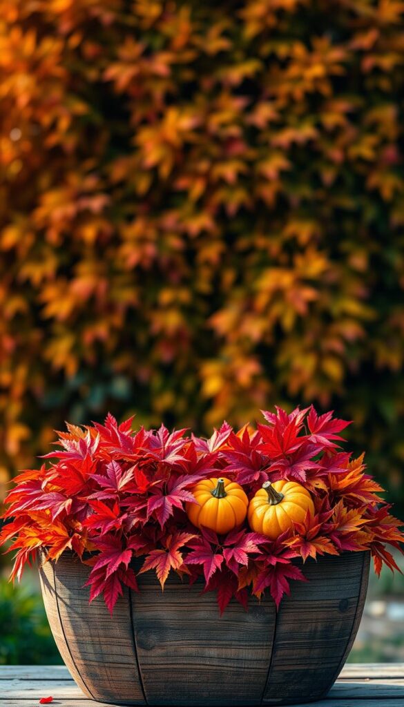 A vibrant fall planter set against a warm, golden backdrop. In the foreground, an arrangement of colorful autumn foliage, including red maple leaves, orange gourds, and a small pumpkin. The planter is crafted from weathered wood, adding a rustic touch. Soft, diffused lighting illuminates the scene, casting gentle shadows and highlighting the textures. In the middle ground, a backdrop of lush, autumn-hued foliage frames the planter, creating a cozy, inviting atmosphere. The overall composition conveys a sense of natural beauty, welcoming the changing seasons and the spirit of fall. A vibrant fall planter set against a warm, golden backdrop. In the foreground, an arrangement of colorful autumn foliage, including red maple leaves, orange gourds, and a small pumpkin. The planter is crafted from weathered wood, adding a rustic touch. Soft, diffused lighting illuminates the scene, casting gentle shadows and highlighting the textures. In the middle ground, a backdrop of lush, autumn-hued foliage frames the planter, creating a cozy, inviting atmosphere. The overall composition conveys a sense of natural beauty, welcoming the changing seasons and the spirit of fall.