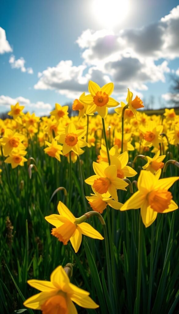 A vibrant field of bright yellow daffodils in full bloom, bathed in warm, golden afternoon sunlight. The delicate flowers sway gently in a light breeze, their cheerful petals unfurling to reveal deep orange centers. In the foreground, the daffodils appear larger-than-life, filling the frame with their radiant presence. The middle ground features a lush, verdant meadow, while the background showcases a clear, azure sky dotted with fluffy white clouds. This scene evokes a sense of hope, joy, and the promise of the coming spring season, providing a dazzling contrast to the chilly winter landscape. A vibrant field of bright yellow daffodils in full bloom, bathed in warm, golden afternoon sunlight. The delicate flowers sway gently in a light breeze, their cheerful petals unfurling to reveal deep orange centers. In the foreground, the daffodils appear larger-than-life, filling the frame with their radiant presence. The middle ground features a lush, verdant meadow, while the background showcases a clear, azure sky dotted with fluffy white clouds. This scene evokes a sense of hope, joy, and the promise of the coming spring season, providing a dazzling contrast to the chilly winter landscape.