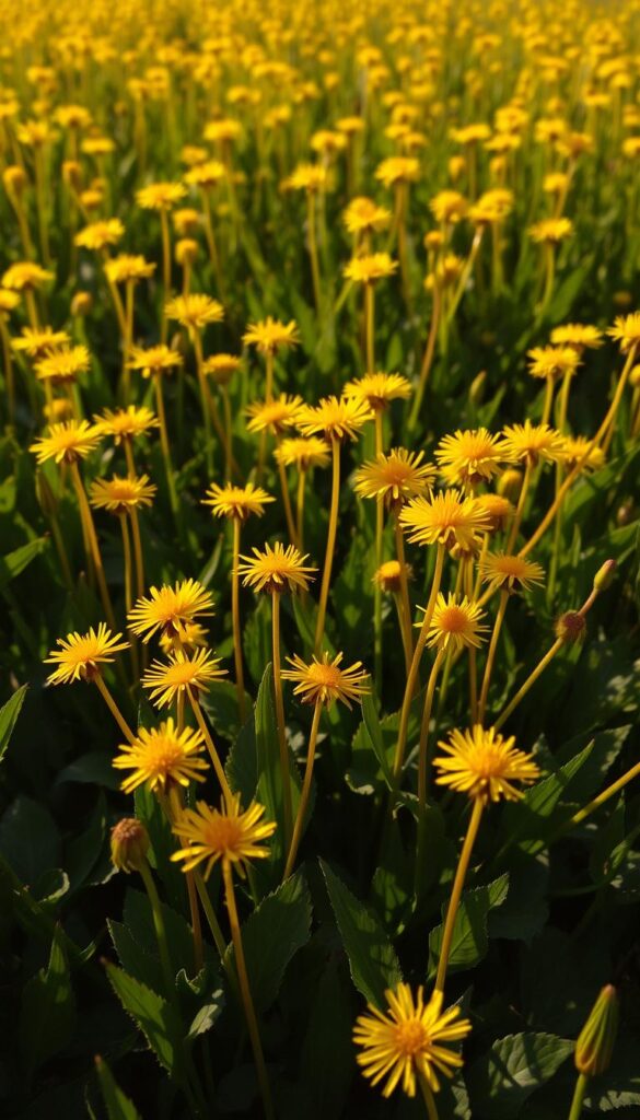 A vibrant field of dandelions, their golden blooms illuminated by warm, soft lighting that casts long shadows on the lush, verdant grass below. The delicate, star-shaped flowers stand tall, their stems emerging from a carpet of dark green, deeply lobed leaves. The scene is captured from a low angle, emphasizing the scale and dominance of the dandelions, which fill the frame with their radiant, sunny presence. The background is gently blurred, keeping the focus on the intricate details of the dandelion flowerheads and their elegant, curving petals. The overall mood is one of natural tranquility and the quiet beauty of a common, yet often overlooked, weed.