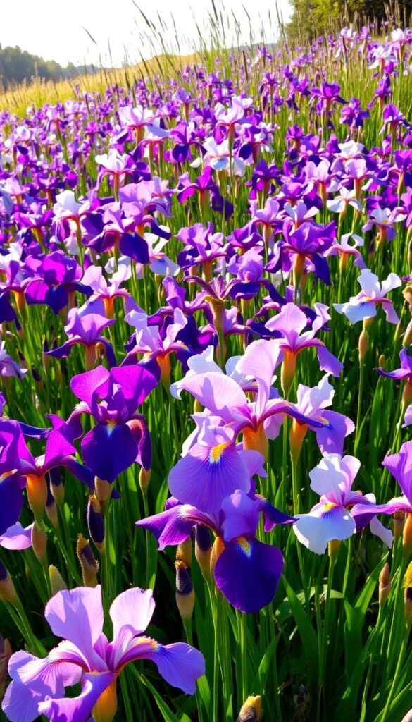 A vibrant field of iris flowers in full bloom, showcasing a diverse array of varieties. The foreground features close-up views of delicate petals in various hues, from deep purple and rich indigo to delicate lavender and soft white. The middle ground presents a lush tapestry of tall, slender iris stalks swaying gently in a warm, golden light, while the background suggests a serene, natural setting, perhaps a tranquil garden or a sun-dappled meadow. The overall atmosphere conveys the transition from the vibrant colors of spring to the warm embrace of summer, reflecting the seasonal journey. A vibrant field of iris flowers in full bloom, showcasing a diverse array of varieties. The foreground features close-up views of delicate petals in various hues, from deep purple and rich indigo to delicate lavender and soft white. The middle ground presents a lush tapestry of tall, slender iris stalks swaying gently in a warm, golden light, while the background suggests a serene, natural setting, perhaps a tranquil garden or a sun-dappled meadow. The overall atmosphere conveys the transition from the vibrant colors of spring to the warm embrace of summer, reflecting the seasonal journey.