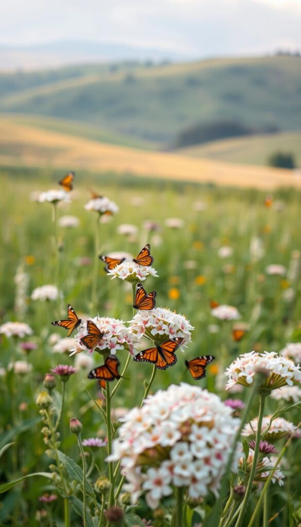 A vibrant field of milkweed plants in full bloom, their delicate white and pink flowers swaying gently in the breeze. In the foreground, a cluster of monarch butterflies gracefully alighting on the lush foliage, their brilliant orange and black wings unfurled. The middle ground features a soft, hazy background of rolling green hills, with a warm, diffused light filtering through the scene. The overall mood is one of natural serenity and the delicate balance between flora and fauna. Captured with a wide-angle lens to emphasize the expansive, serene landscape.