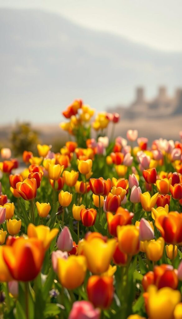 A vibrant field of returning tulips bursting with life, their petals basking in the warm spring sunlight. In the foreground, a lush carpet of tulips in a spectrum of colors - crimson, sunny yellow, and delicate pink - sway gently in a soft breeze. In the middle ground, clusters of tulips stand tall, their stems sturdy and their blooms open wide, welcoming the season's arrival. The background is a hazy, out-of-focus landscape, creating a sense of depth and emphasizing the tulips as the main focal point. The lighting is soft and diffused, casting a golden glow over the entire scene, highlighting the tulips' velvety texture and natural beauty. This is a scene of effortless spring splendor, a testament to the resilience and joy of returning tulips. A vibrant field of returning tulips bursting with life, their petals basking in the warm spring sunlight. In the foreground, a lush carpet of tulips in a spectrum of colors - crimson, sunny yellow, and delicate pink - sway gently in a soft breeze. In the middle ground, clusters of tulips stand tall, their stems sturdy and their blooms open wide, welcoming the season's arrival. The background is a hazy, out-of-focus landscape, creating a sense of depth and emphasizing the tulips as the main focal point. The lighting is soft and diffused, casting a golden glow over the entire scene, highlighting the tulips' velvety texture and natural beauty. This is a scene of effortless spring splendor, a testament to the resilience and joy of returning tulips.