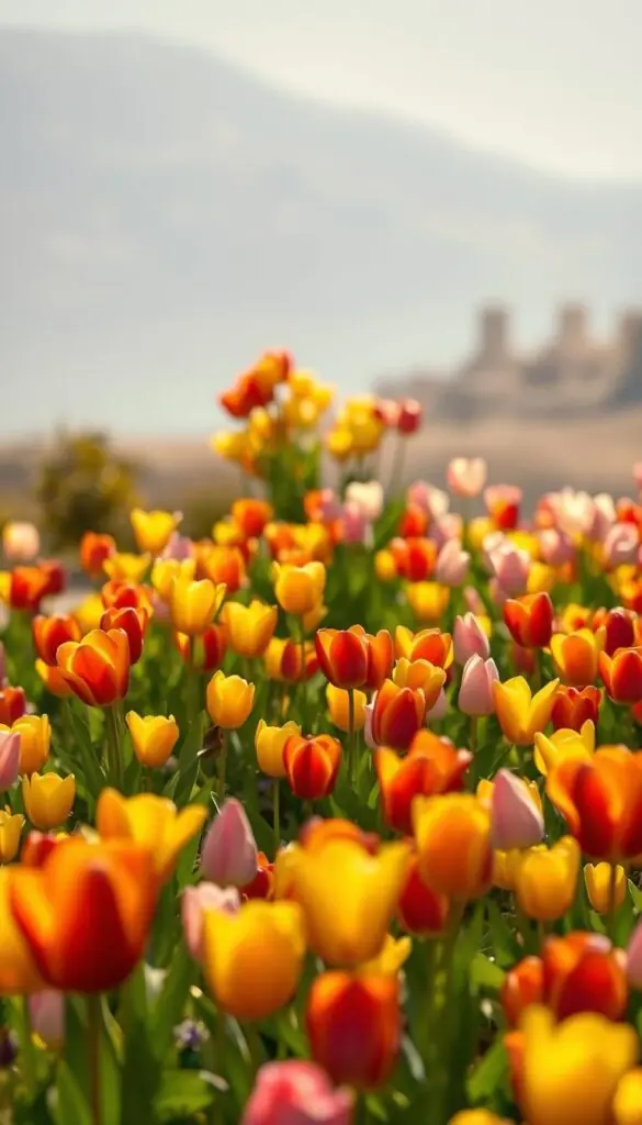 A vibrant field of returning tulips bursting with life, their petals basking in the warm spring sunlight. In the foreground, a lush carpet of tulips in a spectrum of colors - crimson, sunny yellow, and delicate pink - sway gently in a soft breeze. In the middle ground, clusters of tulips stand tall, their stems sturdy and their blooms open wide, welcoming the season's arrival. The background is a hazy, out-of-focus landscape, creating a sense of depth and emphasizing the tulips as the main focal point. The lighting is soft and diffused, casting a golden glow over the entire scene, highlighting the tulips' velvety texture and natural beauty. This is a scene of effortless spring splendor, a testament to the resilience and joy of returning tulips. A vibrant field of returning tulips bursting with life, their petals basking in the warm spring sunlight. In the foreground, a lush carpet of tulips in a spectrum of colors - crimson, sunny yellow, and delicate pink - sway gently in a soft breeze. In the middle ground, clusters of tulips stand tall, their stems sturdy and their blooms open wide, welcoming the season's arrival. The background is a hazy, out-of-focus landscape, creating a sense of depth and emphasizing the tulips as the main focal point. The lighting is soft and diffused, casting a golden glow over the entire scene, highlighting the tulips' velvety texture and natural beauty. This is a scene of effortless spring splendor, a testament to the resilience and joy of returning tulips.