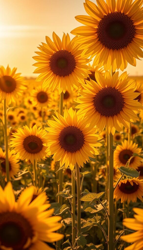 A vibrant field of sunflowers bathed in warm, golden sunlight. The towering flowers stand tall, their large, radiant petals unfurling towards the sky. In the foreground, individual blooms fill the frame, their centers bursting with intricate patterns. The middle ground reveals a dense arrangement of sunflowers, their stems swaying gently in a light breeze. In the background, the horizon is dotted with more sunflowers, creating a breathtaking sea of sunny hues. The scene is captured with a wide-angle lens, emphasizing the expansive, immersive nature of the early spring landscape. The mood is one of pure joy and optimism, a celebration of the season's first vibrant blooms.
