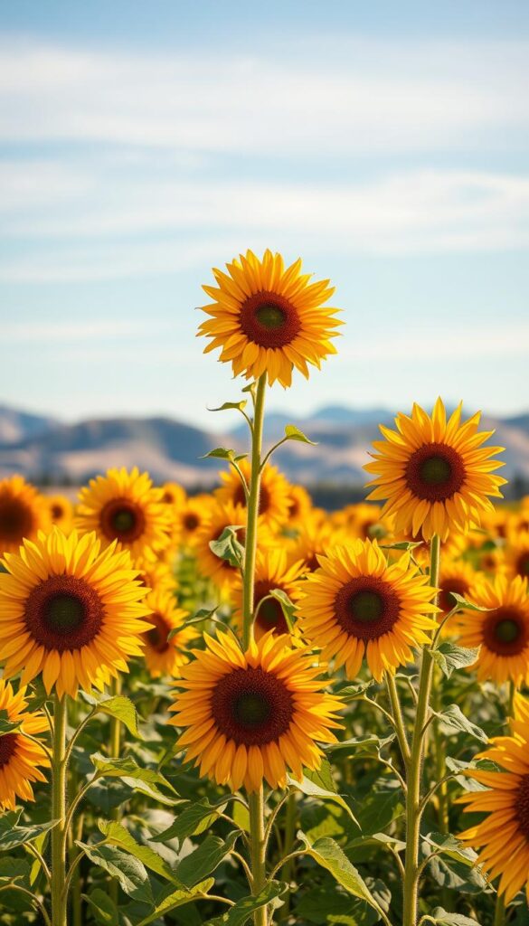 A vibrant field of sunflowers in various hues, captured in a warm, golden-hour glow. Towering stalks in the foreground, their large, sunlit petals unfurling in a spectrum of sunny yellows, deep oranges, and rich burgundies. The middle ground features a mix of shorter, more delicate sunflower varieties, their faces turning skyward in a gentle, swaying dance. In the background, a softly blurred landscape of rolling hills and a cloudless azure sky, creating a serene and harmonious composition. Captured with a wide-angle lens to emphasize the scale and grandeur of this sunflower paradise, showcasing the magnificent diversity of these captivating blooms. A vibrant field of sunflowers in various hues, captured in a warm, golden-hour glow. Towering stalks in the foreground, their large, sunlit petals unfurling in a spectrum of sunny yellows, deep oranges, and rich burgundies. The middle ground features a mix of shorter, more delicate sunflower varieties, their faces turning skyward in a gentle, swaying dance. In the background, a softly blurred landscape of rolling hills and a cloudless azure sky, creating a serene and harmonious composition. Captured with a wide-angle lens to emphasize the scale and grandeur of this sunflower paradise, showcasing the magnificent diversity of these captivating blooms.