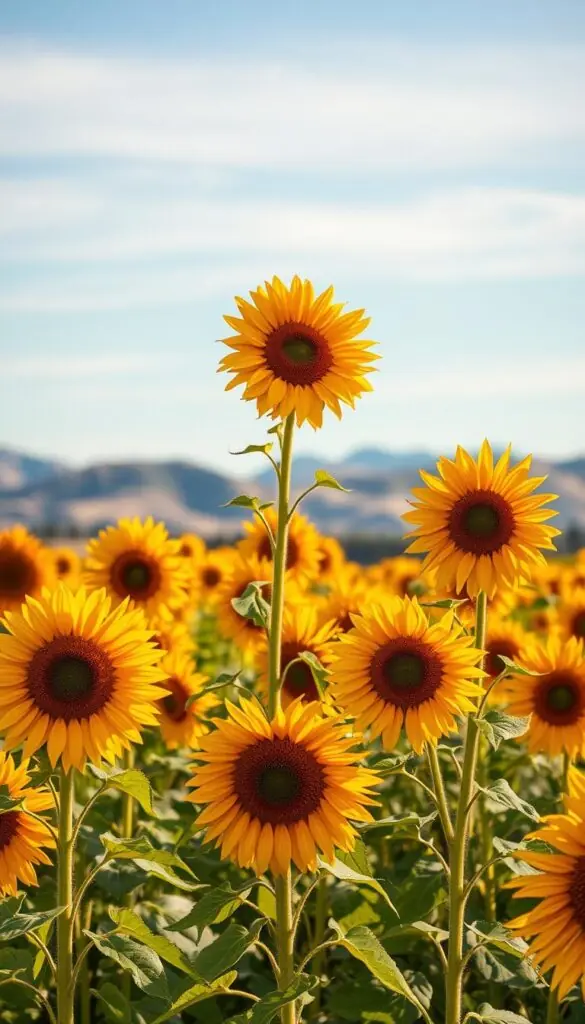 A vibrant field of sunflowers in various hues, captured in a warm, golden-hour glow. Towering stalks in the foreground, their large, sunlit petals unfurling in a spectrum of sunny yellows, deep oranges, and rich burgundies. The middle ground features a mix of shorter, more delicate sunflower varieties, their faces turning skyward in a gentle, swaying dance. In the background, a softly blurred landscape of rolling hills and a cloudless azure sky, creating a serene and harmonious composition. Captured with a wide-angle lens to emphasize the scale and grandeur of this sunflower paradise, showcasing the magnificent diversity of these captivating blooms. A vibrant field of sunflowers in various hues, captured in a warm, golden-hour glow. Towering stalks in the foreground, their large, sunlit petals unfurling in a spectrum of sunny yellows, deep oranges, and rich burgundies. The middle ground features a mix of shorter, more delicate sunflower varieties, their faces turning skyward in a gentle, swaying dance. In the background, a softly blurred landscape of rolling hills and a cloudless azure sky, creating a serene and harmonious composition. Captured with a wide-angle lens to emphasize the scale and grandeur of this sunflower paradise, showcasing the magnificent diversity of these captivating blooms.
