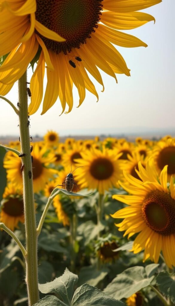 A vibrant field of sunflowers is infested with a variety of pests, including aphids, beetles, and caterpillars. In the foreground, a close-up view showcases the intricate details of the sunflower petals and the tiny insects that have taken up residence, their delicate bodies clinging to the stems and leaves. The middle ground reveals the full extent of the infestation, with the sunflowers drooping and wilting under the onslaught of the pests. In the background, a hazy, out-of-focus landscape sets the scene, emphasizing the struggle of the sunflowers to thrive. The lighting is soft and natural, casting gentle shadows that accentuate the textures and shapes of the plants and pests. The overall mood is one of concern and the need for intervention to protect the sunflowers. A vibrant field of sunflowers is infested with a variety of pests, including aphids, beetles, and caterpillars. In the foreground, a close-up view showcases the intricate details of the sunflower petals and the tiny insects that have taken up residence, their delicate bodies clinging to the stems and leaves. The middle ground reveals the full extent of the infestation, with the sunflowers drooping and wilting under the onslaught of the pests. In the background, a hazy, out-of-focus landscape sets the scene, emphasizing the struggle of the sunflowers to thrive. The lighting is soft and natural, casting gentle shadows that accentuate the textures and shapes of the plants and pests. The overall mood is one of concern and the need for intervention to protect the sunflowers.