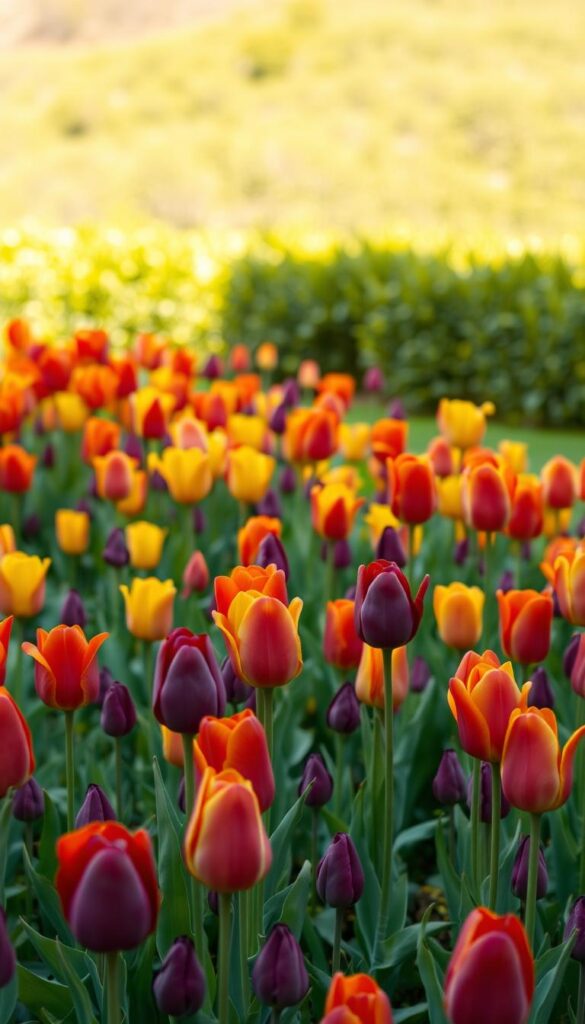 A vibrant field of tulips in full bloom, their petals catching the warm, golden light of a spring afternoon. In the foreground, clusters of tulips in a variety of bold, saturated hues - crimson, sunshine yellow, deep purple - stand tall and proud, their stems swaying gently in a light breeze. The middle ground features a mix of tulips in different stages of maturity, creating a dynamic, layered composition. In the background, a softly blurred landscape of lush, verdant foliage provides a serene and natural backdrop. The overall scene conveys a sense of joyful abundance and seasonal vitality, perfectly capturing the essence of tulips as a quintessential spring flower. A vibrant field of tulips in full bloom, their petals catching the warm, golden light of a spring afternoon. In the foreground, clusters of tulips in a variety of bold, saturated hues - crimson, sunshine yellow, deep purple - stand tall and proud, their stems swaying gently in a light breeze. The middle ground features a mix of tulips in different stages of maturity, creating a dynamic, layered composition. In the background, a softly blurred landscape of lush, verdant foliage provides a serene and natural backdrop. The overall scene conveys a sense of joyful abundance and seasonal vitality, perfectly capturing the essence of tulips as a quintessential spring flower.