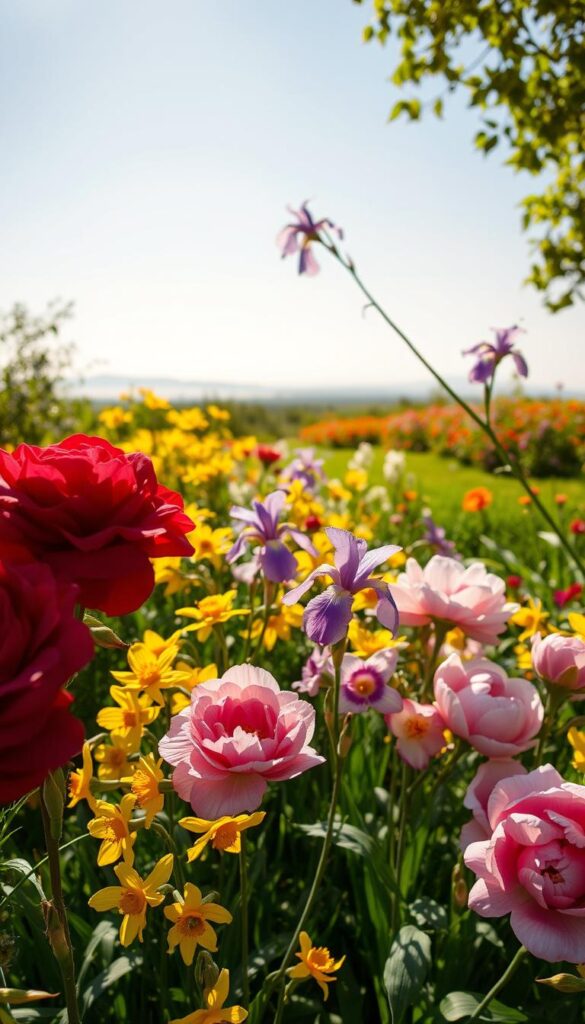 A vibrant floral display in a lush, sun-dappled garden. In the foreground, a captivating array of blooming flowers in a spectrum of colors - deep crimson roses, delicate lavender irises, sunshine-yellow daffodils, and blush-pink peonies. Their petals dance gently in a soft breeze, creating a mesmerizing textural tapestry. The mid-ground showcases a harmonious blend of verdant foliage and bursts of colorful annuals, while the background reveals a dreamy, hazy horizon with a clear, azure sky. Warm, directional lighting casts a flattering glow, accentuating the dimensional qualities of the scene. Captured with a wide-angle lens to convey a sense of depth and grandeur, this image evokes the enchanting essence of a vibrant, ever-changing flower bed. A vibrant floral display in a lush, sun-dappled garden. In the foreground, a captivating array of blooming flowers in a spectrum of colors - deep crimson roses, delicate lavender irises, sunshine-yellow daffodils, and blush-pink peonies. Their petals dance gently in a soft breeze, creating a mesmerizing textural tapestry. The mid-ground showcases a harmonious blend of verdant foliage and bursts of colorful annuals, while the background reveals a dreamy, hazy horizon with a clear, azure sky. Warm, directional lighting casts a flattering glow, accentuating the dimensional qualities of the scene. Captured with a wide-angle lens to convey a sense of depth and grandeur, this image evokes the enchanting essence of a vibrant, ever-changing flower bed.