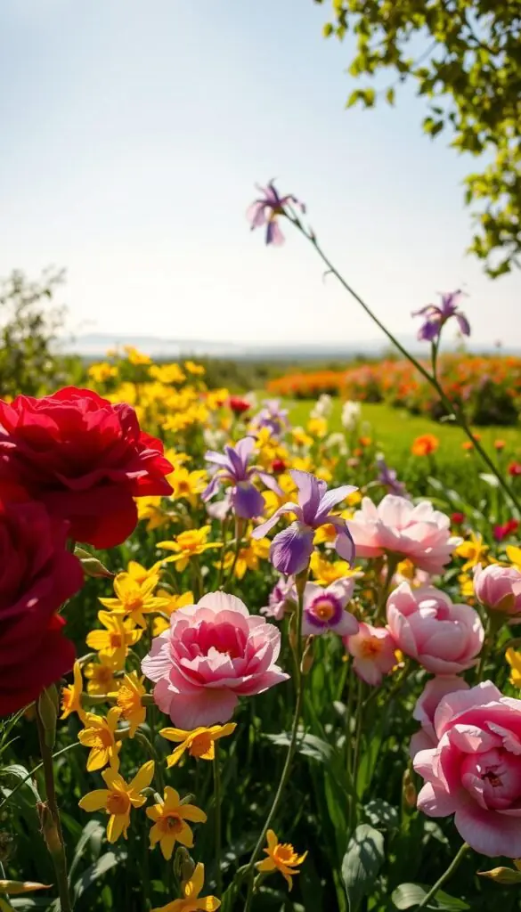 A vibrant floral display in a lush, sun-dappled garden. In the foreground, a captivating array of blooming flowers in a spectrum of colors - deep crimson roses, delicate lavender irises, sunshine-yellow daffodils, and blush-pink peonies. Their petals dance gently in a soft breeze, creating a mesmerizing textural tapestry. The mid-ground showcases a harmonious blend of verdant foliage and bursts of colorful annuals, while the background reveals a dreamy, hazy horizon with a clear, azure sky. Warm, directional lighting casts a flattering glow, accentuating the dimensional qualities of the scene. Captured with a wide-angle lens to convey a sense of depth and grandeur, this image evokes the enchanting essence of a vibrant, ever-changing flower bed. A vibrant floral display in a lush, sun-dappled garden. In the foreground, a captivating array of blooming flowers in a spectrum of colors - deep crimson roses, delicate lavender irises, sunshine-yellow daffodils, and blush-pink peonies. Their petals dance gently in a soft breeze, creating a mesmerizing textural tapestry. The mid-ground showcases a harmonious blend of verdant foliage and bursts of colorful annuals, while the background reveals a dreamy, hazy horizon with a clear, azure sky. Warm, directional lighting casts a flattering glow, accentuating the dimensional qualities of the scene. Captured with a wide-angle lens to convey a sense of depth and grandeur, this image evokes the enchanting essence of a vibrant, ever-changing flower bed.