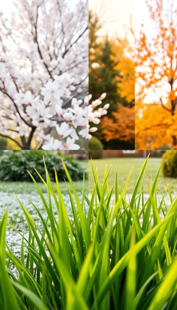 A vibrant four-season lawn calendar, showcasing the natural transitions of a well-manicured garden. In the foreground, lush green grass sways gently, its blades catching the soft golden light of spring. In the middle ground, delicate pink and white blossoms adorn the trees, heralding the arrival of summer. The background fades into a warm autumnal palette, with amber leaves drifting lazily in the breeze. As winter approaches, a dusting of pristine white snow covers the landscape, creating a serene and peaceful scene. The image is captured with a wide-angle lens, offering a panoramic view that invites the viewer to immerse themselves in the rhythmic cycle of the seasons.