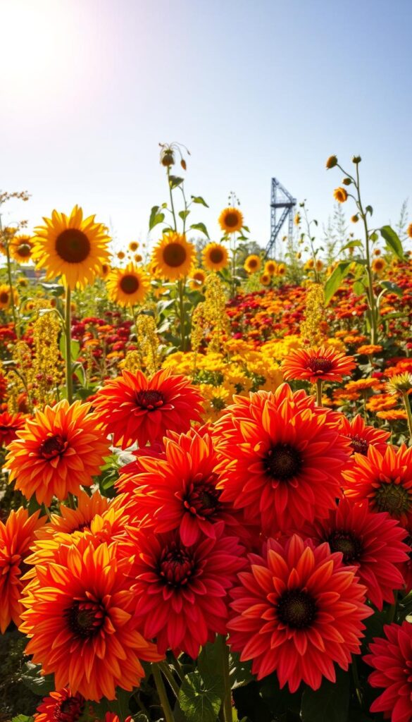 A vibrant garden bursting with autumnal splendor, bathed in the warm glow of a full sun. In the foreground, a lush display of dahlias in vivid hues of orange, red, and fuchsia, their voluptuous blooms commanding attention. Towering sunflowers sway gracefully in the middle ground, their cheerful faces reaching toward the sky. In the background, a tapestry of goldenrod, marigolds, and zinnias create a captivating color palette that carries the eye to the horizon. Crisp shadows and highlights accentuate the rich textures, evoking a sense of vitality and energy. This scene exudes the essence of a true "full sun showstopper," a celebration of nature's bounty as summer yields to autumn. A vibrant garden bursting with autumnal splendor, bathed in the warm glow of a full sun. In the foreground, a lush display of dahlias in vivid hues of orange, red, and fuchsia, their voluptuous blooms commanding attention. Towering sunflowers sway gracefully in the middle ground, their cheerful faces reaching toward the sky. In the background, a tapestry of goldenrod, marigolds, and zinnias create a captivating color palette that carries the eye to the horizon. Crisp shadows and highlights accentuate the rich textures, evoking a sense of vitality and energy. This scene exudes the essence of a true "full sun showstopper," a celebration of nature's bounty as summer yields to autumn.