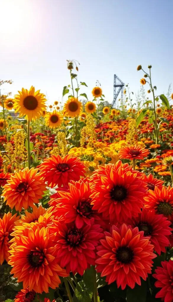 A vibrant garden bursting with autumnal splendor, bathed in the warm glow of a full sun. In the foreground, a lush display of dahlias in vivid hues of orange, red, and fuchsia, their voluptuous blooms commanding attention. Towering sunflowers sway gracefully in the middle ground, their cheerful faces reaching toward the sky. In the background, a tapestry of goldenrod, marigolds, and zinnias create a captivating color palette that carries the eye to the horizon. Crisp shadows and highlights accentuate the rich textures, evoking a sense of vitality and energy. This scene exudes the essence of a true "full sun showstopper," a celebration of nature's bounty as summer yields to autumn. A vibrant garden bursting with autumnal splendor, bathed in the warm glow of a full sun. In the foreground, a lush display of dahlias in vivid hues of orange, red, and fuchsia, their voluptuous blooms commanding attention. Towering sunflowers sway gracefully in the middle ground, their cheerful faces reaching toward the sky. In the background, a tapestry of goldenrod, marigolds, and zinnias create a captivating color palette that carries the eye to the horizon. Crisp shadows and highlights accentuate the rich textures, evoking a sense of vitality and energy. This scene exudes the essence of a true "full sun showstopper," a celebration of nature's bounty as summer yields to autumn.
