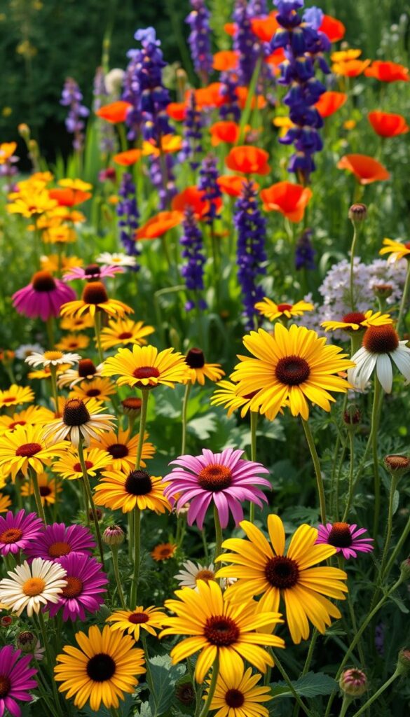 A vibrant garden bursting with sun-loving perennial blooms. In the foreground, a lush tapestry of colorful flowers - cheerful daisies, bold sunflowers, and delicate coneflowers swaying gently in the warm breeze. In the middle ground, towering purple irises and fiery red poppies add depth and drama. The background is framed by verdant foliage, creating a tranquil, natural setting. Soft, diffused lighting casts a golden glow, highlighting the intricate textures and vivid hues of the perennials. Captured with a wide-angle lens to showcase the abundance and diversity of this resilient, long-lasting garden.
