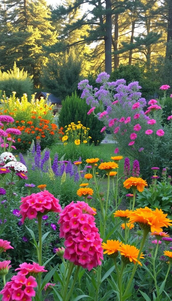 A vibrant garden filled with lush, native plant species that attract hummingbirds throughout the seasons. In the foreground, clusters of brightly colored flowers sway gently in the warm breeze, their petals reflecting the soft, golden sunlight. The middle ground features a mix of flowering shrubs and perennials, their varied shapes and sizes creating a harmonious tapestry of greenery and blooms. In the background, a backdrop of towering trees and verdant foliage sets the scene, casting soft, diffused shadows across the scene. The overall mood is one of natural beauty, tranquility, and abundance, inviting the viewer to imagine the sights and sounds of hummingbirds darting among the flowers.