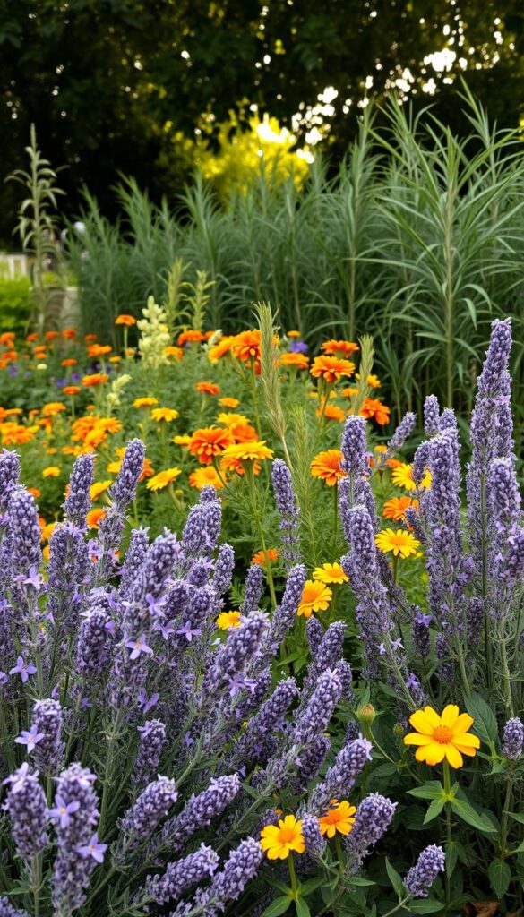 A vibrant garden scene featuring a variety of thriving plants that naturally repel common rose pests. In the foreground, lush lavender bushes with delicate purple blooms. In the middle ground, clusters of fragrant marigolds and fragrant herbs like rosemary and thyme. In the background, a row of tall, swaying lemongrass plants. Soft, diffuse lighting filters through a canopy of leaves, casting a warm, earthy glow over the entire composition. The overall mood is one of harmony and balance, showcasing how strategic plant pairings can create a beautiful and functional pest-control system for rose gardens.