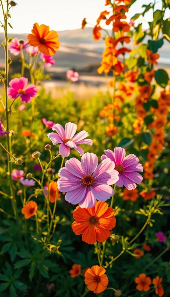 A vibrant garden scene of cosmos and nasturtium flowers in full bloom, bathed in soft, warm evening light. In the foreground, delicate cosmos petals sway gently, their pastel hues complemented by the bold, sun-kissed tones of the trailing nasturtium vines. The middle ground showcases the lush, verdant foliage of the plants, their leaves casting intricate shadows on the ground. In the background, a blurred, dreamy landscape hints at the tranquil setting, allowing the focus to remain on the captivating floral display. Captured with a wide-angle lens, this image exudes a sense of natural beauty and effortless growth, perfectly capturing the spirit of "Seed-to-bloom stars you can sow this spring". A vibrant garden scene of cosmos and nasturtium flowers in full bloom, bathed in soft, warm evening light. In the foreground, delicate cosmos petals sway gently, their pastel hues complemented by the bold, sun-kissed tones of the trailing nasturtium vines. The middle ground showcases the lush, verdant foliage of the plants, their leaves casting intricate shadows on the ground. In the background, a blurred, dreamy landscape hints at the tranquil setting, allowing the focus to remain on the captivating floral display. Captured with a wide-angle lens, this image exudes a sense of natural beauty and effortless growth, perfectly capturing the spirit of "Seed-to-bloom stars you can sow this spring".