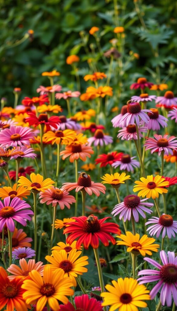 A vibrant garden scene showcasing an abundance of nectar-rich annual flowers in full bloom. In the foreground, delicate petals of zinnias, cosmos, and marigolds sway gently in the soft breeze, their vivid hues of red, orange, and yellow creating a mesmerizing tapestry. The middle ground features clusters of purple coneflowers, their centers buzzing with industrious bees and butterflies sipping from their nectar-filled calyxes. In the background, a lush green backdrop of foliage provides a serene, natural setting, accentuated by warm, golden-hour lighting that casts a warm, inviting glow over the entire scene. The overall composition evokes a sense of boundless floral abundance and the vital role these annuals play in sustaining pollinator populations throughout the growing season.