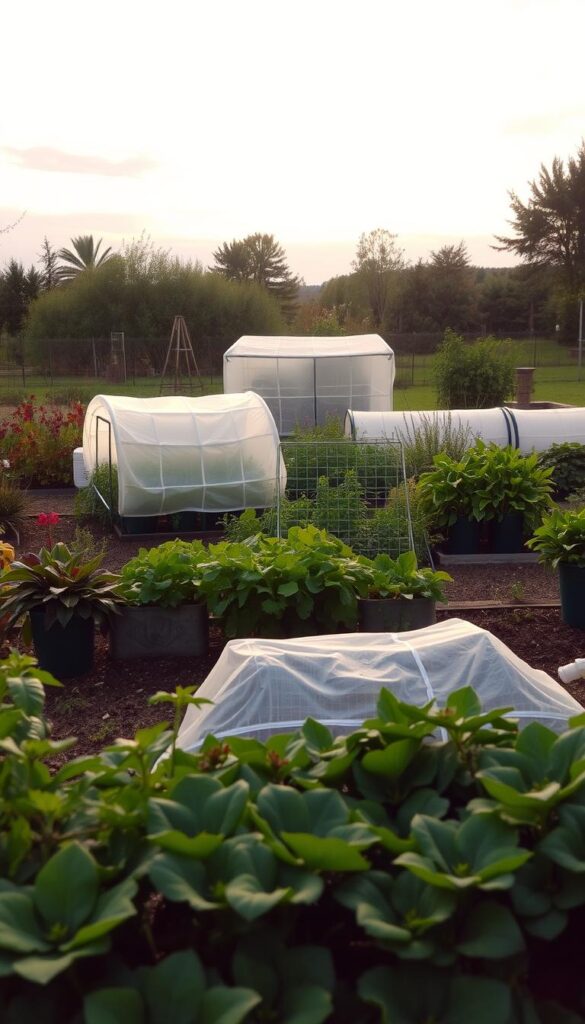 A vibrant garden scene, with lush foliage and a variety of plants in the foreground. In the middle ground, a assortment of simple garden covers - including row covers, frost blankets, and cold frames - arranged neatly, ready to protect the plants from the impending frost. The background features a softly lit, overcast sky, creating a serene and calming atmosphere. The lighting is warm and diffused, highlighting the textures and colors of the garden elements. The composition is balanced, drawing the eye to the center of the frame where the protective garden covers are prominently displayed.