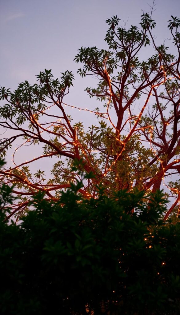 A vibrant, glowing tree at dusk, its branches adorned with a delicate web of twinkling string lights. The soft, warm illumination casts a magical glow, creating a captivating interplay of light and shadow. The tree's foliage stands out in crisp detail, each leaf precisely rendered. In the foreground, the lush, verdant canopy frames the scene, while in the background, a hazy, atmospheric sky with muted hues provides a tranquil, serene backdrop. The overall composition evokes a sense of enchantment, inviting the viewer to step into this cozy, inviting outdoor space. A vibrant, glowing tree at dusk, its branches adorned with a delicate web of twinkling string lights. The soft, warm illumination casts a magical glow, creating a captivating interplay of light and shadow. The tree's foliage stands out in crisp detail, each leaf precisely rendered. In the foreground, the lush, verdant canopy frames the scene, while in the background, a hazy, atmospheric sky with muted hues provides a tranquil, serene backdrop. The overall composition evokes a sense of enchantment, inviting the viewer to step into this cozy, inviting outdoor space.