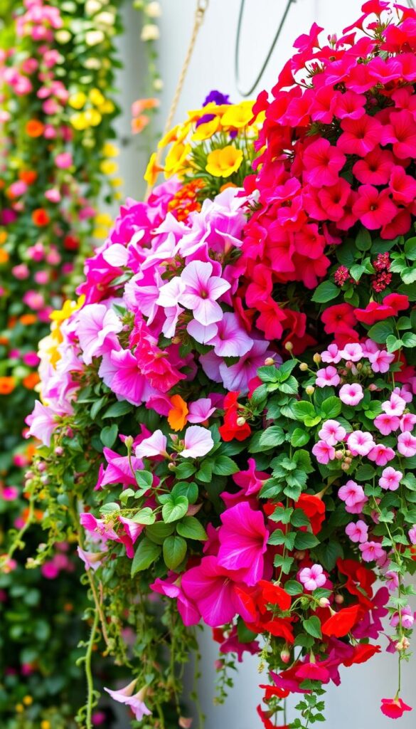 A vibrant hanging flower garden, filled with a harmonious blend of colorful blooms. The foreground showcases a lush arrangement of cascading petunias, trailing ivy, and delicate fuchsias, their hues complementing each other in a visually stunning display. The middle ground features a mix of sun-loving geraniums, begonias, and lantana, their vibrant colors radiating warmth. In the background, a subtle backdrop of trailing nasturtiums and bacopa creates a sense of depth and movement, completing the cohesive and visually appealing composition. The scene is illuminated by natural, soft lighting, casting gentle shadows and highlights that accentuate the delicate textures and colors of the flowers. The overall mood is one of abundant, joyful, and effortlessly beautiful floral harmony.
