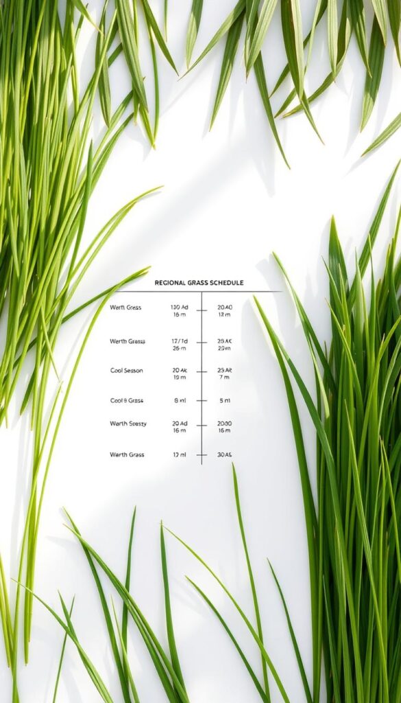 A vibrant, high-resolution image of a lush, regional grass schedule presented against a clean, white background. The foreground features neatly arranged sprigs of cool-season and warm-season grasses, their blades gently swaying under soft, natural lighting. The middle ground showcases a clear, graphical timeline indicating the optimal planting and maintenance periods for each grass variety, with precise seasonal indicators. The background is a minimalist, yet elegant layout, allowing the key visual elements to take center stage and convey the informative, educational nature of the illustration. A vibrant, high-resolution image of a lush, regional grass schedule presented against a clean, white background. The foreground features neatly arranged sprigs of cool-season and warm-season grasses, their blades gently swaying under soft, natural lighting. The middle ground showcases a clear, graphical timeline indicating the optimal planting and maintenance periods for each grass variety, with precise seasonal indicators. The background is a minimalist, yet elegant layout, allowing the key visual elements to take center stage and convey the informative, educational nature of the illustration.