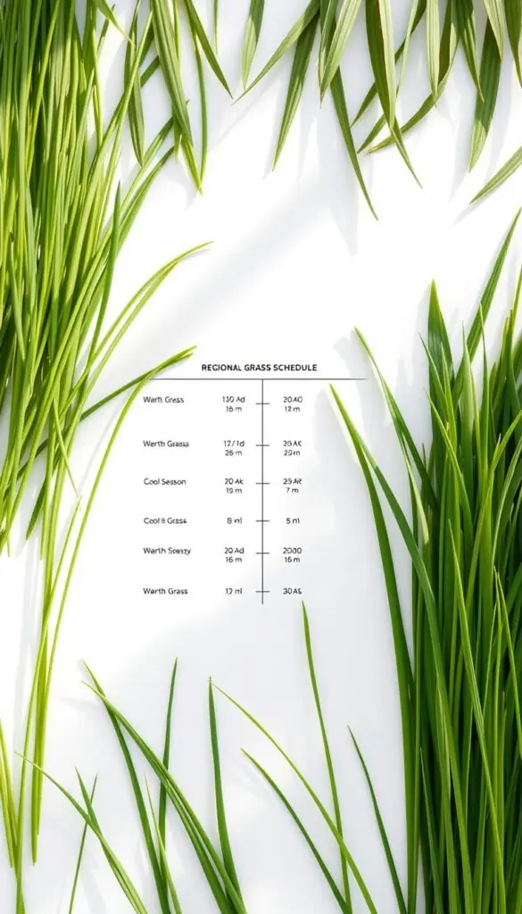 A vibrant, high-resolution image of a lush, regional grass schedule presented against a clean, white background. The foreground features neatly arranged sprigs of cool-season and warm-season grasses, their blades gently swaying under soft, natural lighting. The middle ground showcases a clear, graphical timeline indicating the optimal planting and maintenance periods for each grass variety, with precise seasonal indicators. The background is a minimalist, yet elegant layout, allowing the key visual elements to take center stage and convey the informative, educational nature of the illustration.
