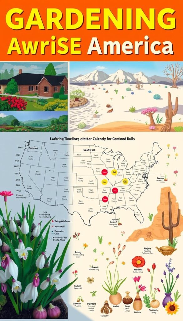 A vibrant illustration of gardening across America, showcasing the varied planting timelines for bulbs. In the foreground, a collage of regional landscapes - a lush Southern garden, a snowy Northern scene, a desert Southwest - highlighting the diverse climates. In the middle ground, a detailed calendar chart displaying optimal planting windows for a variety of bulbs, with regional color-coding. The background features a stylized US map, dotted with botanical illustrations of emerging bulb shoots, flowers, and foliage. Warm, natural lighting illuminates the composition, conveying the seasonal rhythms of nature. A visually engaging, informative guide to layered bulb planting for continuous blooms.