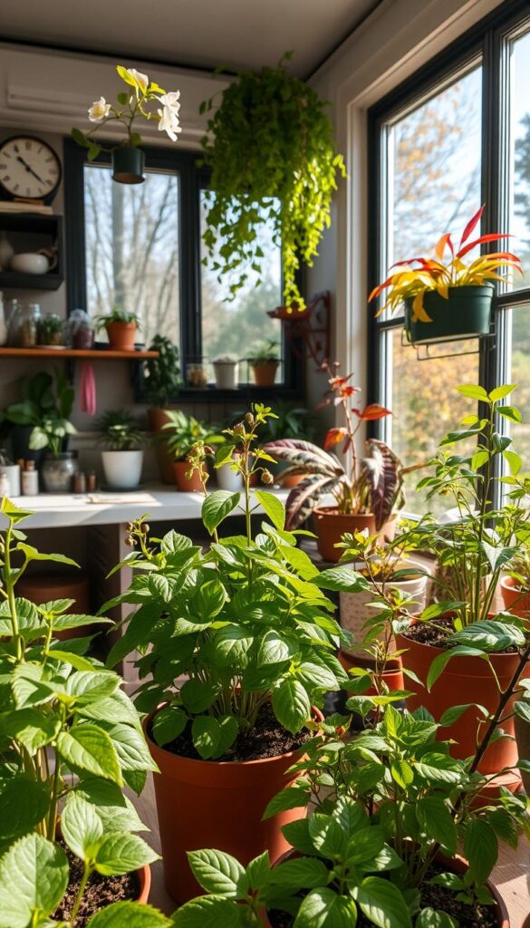 A vibrant indoor garden scene during the changing seasons. In the foreground, lush potted plants in various stages of growth, their leaves and flowers adapting to the seasonal shifts. The middle ground features a cozy workspace, with a large window allowing natural light to pour in, casting a warm glow on the scene. In the background, a view of the outdoors reveals the seasonal transitions, from spring blossoms to fall foliage. The composition emphasizes the symbiotic relationship between the indoor and outdoor environments, and the importance of seasonal adjustments to maintain healthy, pest-free plants. Shot with a wide-angle lens to capture the depth and breadth of the scene.