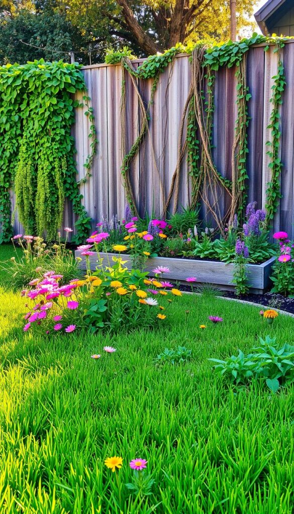 A vibrant, inviting backyard oasis bursting with color and texture. In the foreground, a lush, manicured lawn dotted with clusters of colorful wildflowers - pinks, purples, and yellows that sway gently in a warm summer breeze. In the middle ground, a raised garden bed overflows with a kaleidoscope of leafy greens, vines, and blooming perennials, their stems casting long, dramatic shadows. In the background, a weathered wooden fence is adorned with cascading vines and trailing ivy, creating a verdant, natural backdrop. Warm, diffused sunlight filters through, casting a soft, golden glow over the entire scene, evoking a sense of tranquility and rejuvenation. A vibrant, inviting backyard oasis bursting with color and texture. In the foreground, a lush, manicured lawn dotted with clusters of colorful wildflowers - pinks, purples, and yellows that sway gently in a warm summer breeze. In the middle ground, a raised garden bed overflows with a kaleidoscope of leafy greens, vines, and blooming perennials, their stems casting long, dramatic shadows. In the background, a weathered wooden fence is adorned with cascading vines and trailing ivy, creating a verdant, natural backdrop. Warm, diffused sunlight filters through, casting a soft, golden glow over the entire scene, evoking a sense of tranquility and rejuvenation.