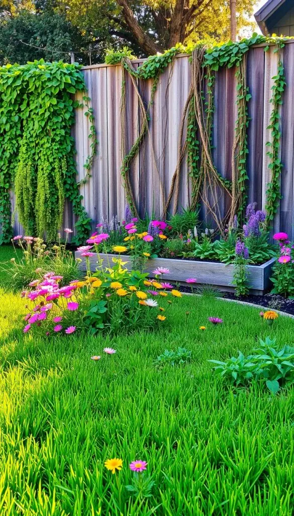 A vibrant, inviting backyard oasis bursting with color and texture. In the foreground, a lush, manicured lawn dotted with clusters of colorful wildflowers - pinks, purples, and yellows that sway gently in a warm summer breeze. In the middle ground, a raised garden bed overflows with a kaleidoscope of leafy greens, vines, and blooming perennials, their stems casting long, dramatic shadows. In the background, a weathered wooden fence is adorned with cascading vines and trailing ivy, creating a verdant, natural backdrop. Warm, diffused sunlight filters through, casting a soft, golden glow over the entire scene, evoking a sense of tranquility and rejuvenation. A vibrant, inviting backyard oasis bursting with color and texture. In the foreground, a lush, manicured lawn dotted with clusters of colorful wildflowers - pinks, purples, and yellows that sway gently in a warm summer breeze. In the middle ground, a raised garden bed overflows with a kaleidoscope of leafy greens, vines, and blooming perennials, their stems casting long, dramatic shadows. In the background, a weathered wooden fence is adorned with cascading vines and trailing ivy, creating a verdant, natural backdrop. Warm, diffused sunlight filters through, casting a soft, golden glow over the entire scene, evoking a sense of tranquility and rejuvenation.