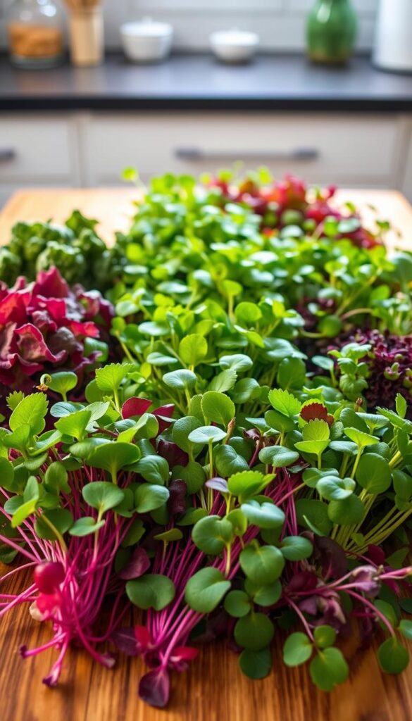 A vibrant kitchen table scene with a bountiful display of freshly grown microgreens, their delicate leaves and stems bursting with vivid hues. The microgreens are arranged artfully, capturing the vibrant colors and textures - deep green kale, crisp red radish, tender purple mizuna, and fragrant peppery watercress. The lighting is soft and warm, casting a natural glow over the scene, highlighting the nuanced tones and healthy appearance of the microgreens. The camera angle is slightly elevated, providing a pleasing overhead view that showcases the intricate details and the abundance of this easy-to-grow winter garden project. A vibrant kitchen table scene with a bountiful display of freshly grown microgreens, their delicate leaves and stems bursting with vivid hues. The microgreens are arranged artfully, capturing the vibrant colors and textures - deep green kale, crisp red radish, tender purple mizuna, and fragrant peppery watercress. The lighting is soft and warm, casting a natural glow over the scene, highlighting the nuanced tones and healthy appearance of the microgreens. The camera angle is slightly elevated, providing a pleasing overhead view that showcases the intricate details and the abundance of this easy-to-grow winter garden project.