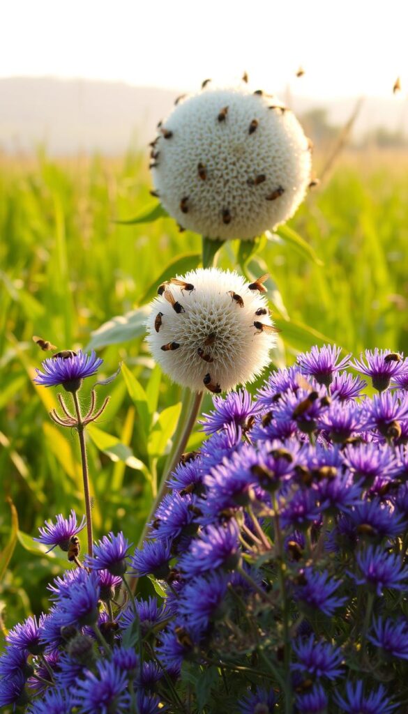 A vibrant late summer scene, captured in warm, golden light. In the foreground, a lush patch of bluebeard (Caryopteris) with its distinct indigo-blue blooms, surrounded by a swarm of pollinating insects. In the middle ground, a majestic buttonbush (Cephalanthus) in full flower, its spherical white blossoms attracting a kaleidoscope of butterflies and bees. The background features a verdant, slightly hazy landscape, hinting at the transitional nature of the season. The overall composition evokes a sense of abundance, movement, and the vital role of pollinators in the natural world. A vibrant late summer scene, captured in warm, golden light. In the foreground, a lush patch of bluebeard (Caryopteris) with its distinct indigo-blue blooms, surrounded by a swarm of pollinating insects. In the middle ground, a majestic buttonbush (Cephalanthus) in full flower, its spherical white blossoms attracting a kaleidoscope of butterflies and bees. The background features a verdant, slightly hazy landscape, hinting at the transitional nature of the season. The overall composition evokes a sense of abundance, movement, and the vital role of pollinators in the natural world.