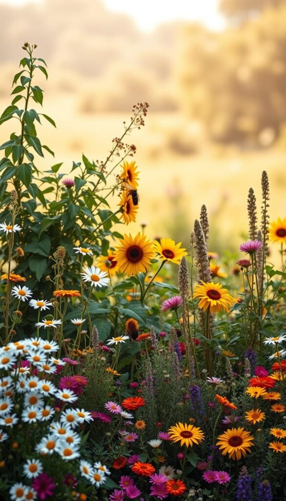 A vibrant, lush arrangement of seasonal plants against a soft, warm-toned background. In the foreground, a diverse array of flowering plants in bloom, including delicate daisies, whimsical sunflowers, and bountiful wildflowers. In the middle ground, clusters of leafy greens and trailing vines, creating a verdant tapestry. The background features a gently blurred, sun-dappled landscape, hinting at a serene garden setting. The lighting is natural and diffused, casting a golden, inviting glow over the scene. The overall composition is balanced, with a sense of depth and harmony, perfectly capturing the beauty and diversity of seasonal plants that support pollinators throughout the year.