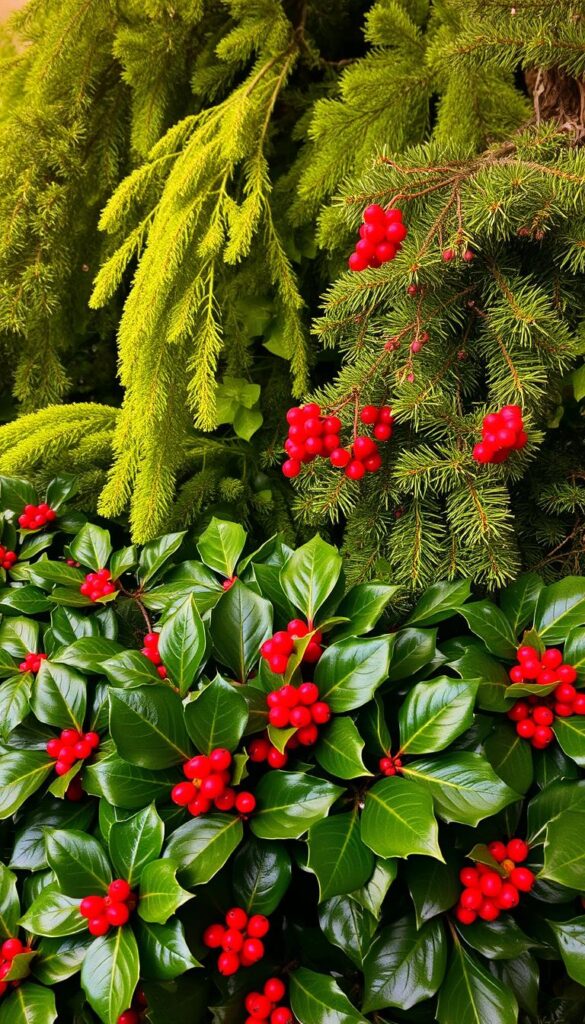 A vibrant, lush composition of evergreen foliage, featuring a foreground of dense, glossy holly leaves, their deep green hues punctuated by bright red berries. In the middle ground, cascading sprays of pine boughs, their needles glistening as if freshly dusted with winter frost. The background showcases a tapestry of verdant fir trees, their branches heavy with soft, billowing fronds. Soft, warm lighting casts a gentle glow, illuminating the scene with a serene, inviting atmosphere, perfect for a cozy winter display.