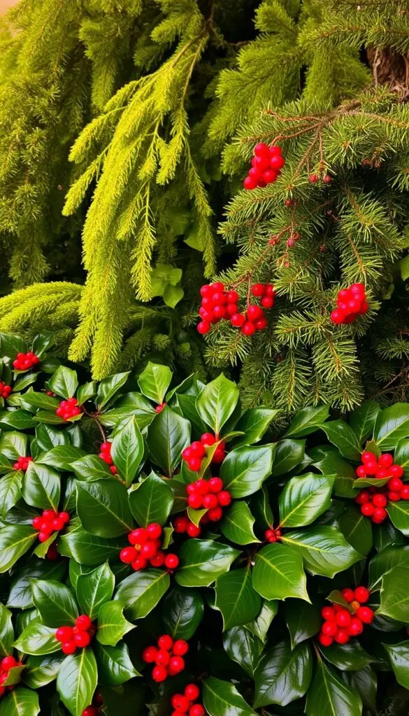 A vibrant, lush composition of evergreen foliage, featuring a foreground of dense, glossy holly leaves, their deep green hues punctuated by bright red berries. In the middle ground, cascading sprays of pine boughs, their needles glistening as if freshly dusted with winter frost. The background showcases a tapestry of verdant fir trees, their branches heavy with soft, billowing fronds. Soft, warm lighting casts a gentle glow, illuminating the scene with a serene, inviting atmosphere, perfect for a cozy winter display. A vibrant, lush composition of evergreen foliage, featuring a foreground of dense, glossy holly leaves, their deep green hues punctuated by bright red berries. In the middle ground, cascading sprays of pine boughs, their needles glistening as if freshly dusted with winter frost. The background showcases a tapestry of verdant fir trees, their branches heavy with soft, billowing fronds. Soft, warm lighting casts a gentle glow, illuminating the scene with a serene, inviting atmosphere, perfect for a cozy winter display.