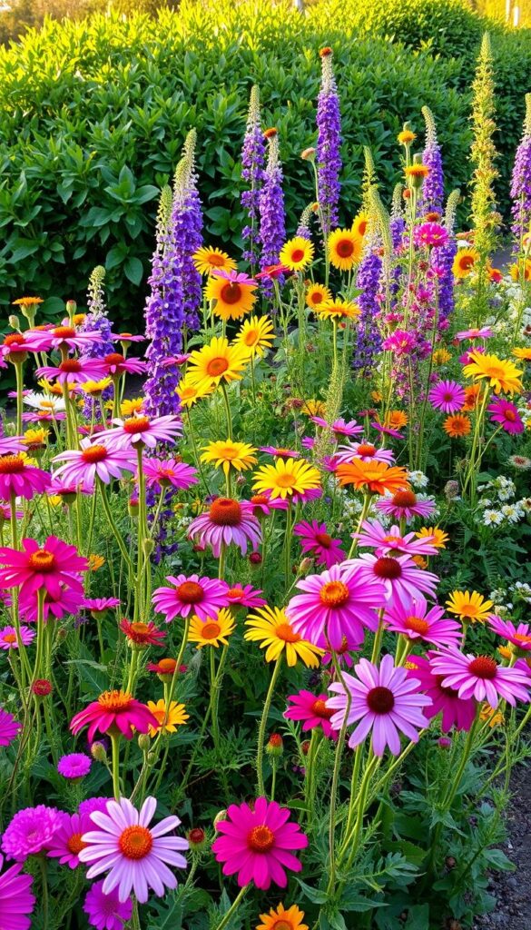 A vibrant, lush edge garden bursting with a diverse array of pollinator-friendly annuals. In the foreground, clusters of bright, nectar-rich blooms in shades of pink, purple, and yellow sway gently in a soft breeze. The middle ground features a harmonious mix of towering cosmos, cheerful sunflowers, and delicate butterfly bushes, creating a cascading tapestry of color and texture. In the background, a verdant backdrop of verdant foliage frames the scene, setting the stage for this captivating pollinator oasis. The lighting is warm and golden, casting a gentle glow over the entire composition, evoking a sense of tranquility and natural abundance. A vibrant, lush edge garden bursting with a diverse array of pollinator-friendly annuals. In the foreground, clusters of bright, nectar-rich blooms in shades of pink, purple, and yellow sway gently in a soft breeze. The middle ground features a harmonious mix of towering cosmos, cheerful sunflowers, and delicate butterfly bushes, creating a cascading tapestry of color and texture. In the background, a verdant backdrop of verdant foliage frames the scene, setting the stage for this captivating pollinator oasis. The lighting is warm and golden, casting a gentle glow over the entire composition, evoking a sense of tranquility and natural abundance.
