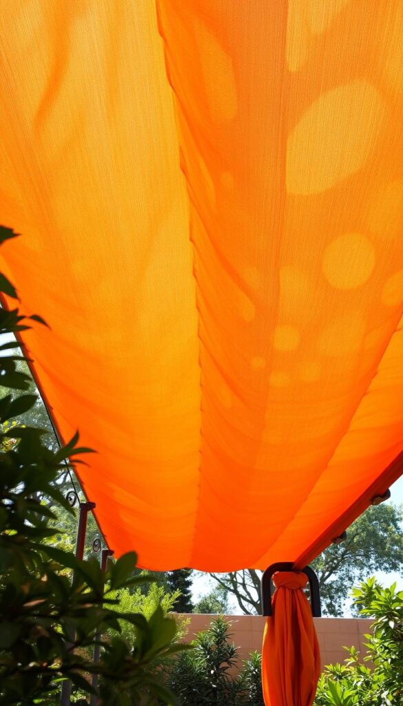 A vibrant, lush fabric canopy unfurls overhead, casting a gentle, dappled shade over a serene outdoor setting. The canopy is constructed from high-quality, weather-resistant materials in a warm, earthy tone, its folds and contours creating an inviting, textural display. Slender, decorative metal poles support the canopy, their sleek silhouettes complementing the softness of the fabric. Warm, diffused sunlight filters through the translucent material, lending a cozy, intimate atmosphere. The entire scene is framed by the verdant foliage of surrounding plants, creating a serene, harmonious oasis perfect for relaxation or entertaining. A vibrant, lush fabric canopy unfurls overhead, casting a gentle, dappled shade over a serene outdoor setting. The canopy is constructed from high-quality, weather-resistant materials in a warm, earthy tone, its folds and contours creating an inviting, textural display. Slender, decorative metal poles support the canopy, their sleek silhouettes complementing the softness of the fabric. Warm, diffused sunlight filters through the translucent material, lending a cozy, intimate atmosphere. The entire scene is framed by the verdant foliage of surrounding plants, creating a serene, harmonious oasis perfect for relaxation or entertaining.