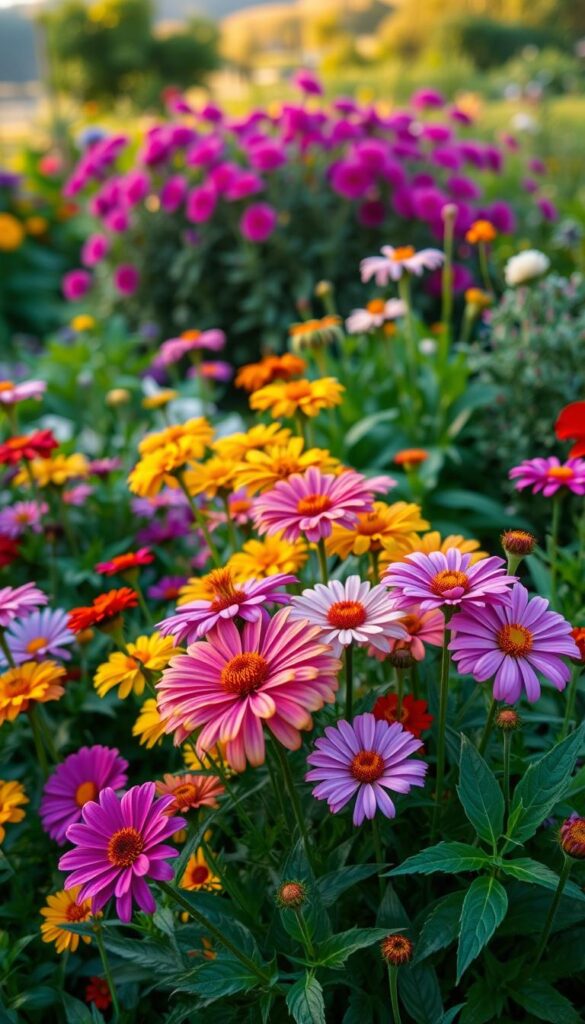 A vibrant, lush garden scene featuring a diverse array of companion flowers in full bloom. In the foreground, a riot of colorful blooms in shades of pink, purple, and yellow - including zinnias, marigolds, and cosmos - arranged in a natural, harmonious composition. The middle ground showcases a mix of verdant foliage, with leafy greens providing a lush, textural backdrop. In the distance, a soft, hazy background hints at a serene, natural setting - perhaps a gently rolling hill or a glimpse of a tranquil garden path. The lighting is warm and golden, creating a sense of inviting coziness and an overall atmosphere of abundance and delight. A vibrant, lush garden scene featuring a diverse array of companion flowers in full bloom. In the foreground, a riot of colorful blooms in shades of pink, purple, and yellow - including zinnias, marigolds, and cosmos - arranged in a natural, harmonious composition. The middle ground showcases a mix of verdant foliage, with leafy greens providing a lush, textural backdrop. In the distance, a soft, hazy background hints at a serene, natural setting - perhaps a gently rolling hill or a glimpse of a tranquil garden path. The lighting is warm and golden, creating a sense of inviting coziness and an overall atmosphere of abundance and delight.