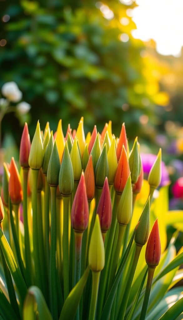 A vibrant, lush garden scene with a central cluster of colorful, verdant flower tips reaching up toward the sky. The tips are diverse in shape and texture, some slender and pointed, others broad and rounded, creating a visually captivating arrangement. Soft, warm lighting filters through the scene, casting gentle shadows and highlights that accentuate the three-dimensional nature of the flowers. The background is slightly blurred, hinting at a tranquil, serene setting, allowing the flower tips to be the focal point. The overall mood is one of natural beauty, growth, and the promise of a thriving, healthy garden.