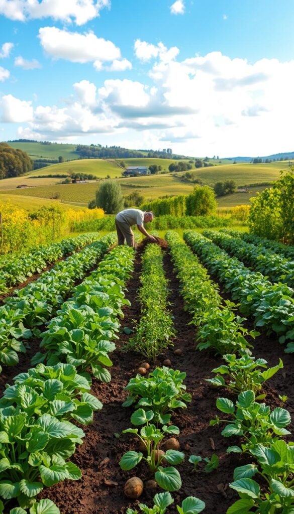 A vibrant, lush garden showcasing the principles of crop rotation. In the foreground, rows of thriving vegetables and herbs - leafy greens, root vegetables, and fragrant herbs - planted in an organized, cyclical pattern. The middle ground features a farmer tending to the crops, diligently turning the soil and examining the plants. In the background, a verdant landscape with rolling hills, a blue sky dotted with fluffy clouds, and the warm glow of the sun casting a golden hue over the entire scene. The lighting is natural and diffused, highlighting the textures and colors of the plants. The camera angle is slightly elevated, providing a comprehensive view of the efficient, sustainable garden layout. An overall atmosphere of harmony, productivity, and the nurturing relationship between humans and the natural world. A vibrant, lush garden showcasing the principles of crop rotation. In the foreground, rows of thriving vegetables and herbs - leafy greens, root vegetables, and fragrant herbs - planted in an organized, cyclical pattern. The middle ground features a farmer tending to the crops, diligently turning the soil and examining the plants. In the background, a verdant landscape with rolling hills, a blue sky dotted with fluffy clouds, and the warm glow of the sun casting a golden hue over the entire scene. The lighting is natural and diffused, highlighting the textures and colors of the plants. The camera angle is slightly elevated, providing a comprehensive view of the efficient, sustainable garden layout. An overall atmosphere of harmony, productivity, and the nurturing relationship between humans and the natural world.