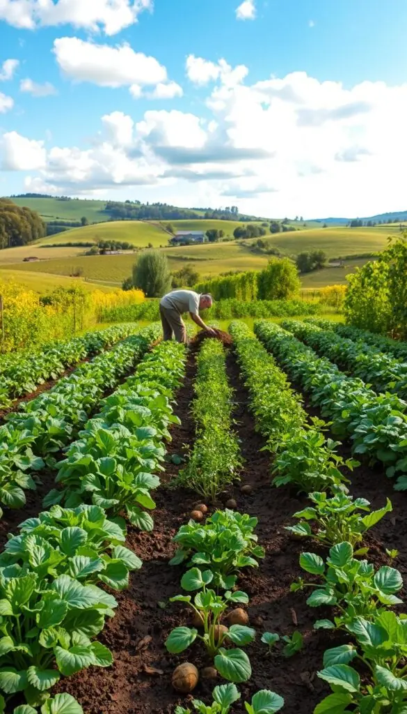 A vibrant, lush garden showcasing the principles of crop rotation. In the foreground, rows of thriving vegetables and herbs - leafy greens, root vegetables, and fragrant herbs - planted in an organized, cyclical pattern. The middle ground features a farmer tending to the crops, diligently turning the soil and examining the plants. In the background, a verdant landscape with rolling hills, a blue sky dotted with fluffy clouds, and the warm glow of the sun casting a golden hue over the entire scene. The lighting is natural and diffused, highlighting the textures and colors of the plants. The camera angle is slightly elevated, providing a comprehensive view of the efficient, sustainable garden layout. An overall atmosphere of harmony, productivity, and the nurturing relationship between humans and the natural world. A vibrant, lush garden showcasing the principles of crop rotation. In the foreground, rows of thriving vegetables and herbs - leafy greens, root vegetables, and fragrant herbs - planted in an organized, cyclical pattern. The middle ground features a farmer tending to the crops, diligently turning the soil and examining the plants. In the background, a verdant landscape with rolling hills, a blue sky dotted with fluffy clouds, and the warm glow of the sun casting a golden hue over the entire scene. The lighting is natural and diffused, highlighting the textures and colors of the plants. The camera angle is slightly elevated, providing a comprehensive view of the efficient, sustainable garden layout. An overall atmosphere of harmony, productivity, and the nurturing relationship between humans and the natural world.