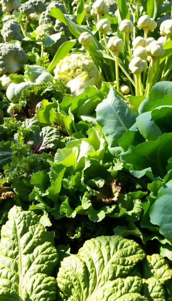 A vibrant, nourishing scene of autumn's finest greens. In the foreground, an abundant harvest of kale, swiss chard, and collard greens, their lush, textured leaves casting dynamic shadows. In the middle ground, a variety of leafy lettuces, their colors ranging from deep emerald to delicate pale green, standing tall and proud. In the background, a verdant backdrop of gently swaying broccoli florets and Brussels sprouts, their sturdy stalks anchoring the composition. Natural lighting filters through, casting a warm, golden glow and accentuating the produce's fresh, healthy vibrancy. A composition that celebrates the season's bountiful, flavorful greens.